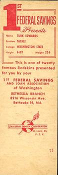 1960-61 1st Federal Savings Washington Redskins Matchbooks #NNO Turk Edwards Back