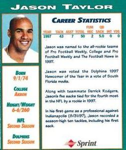 1998 Sprint Miami Dolphins #NNO Jason Taylor Back