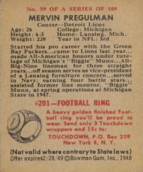 1948 Bowman #59 Mervin Pregulman Back