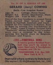1948 Bowman #51 Gerard Cowhig Back