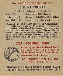 1948 Bowman #60 Elbert Nickel Back