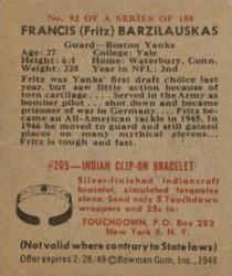 1948 Bowman #92 Frank Barzilauskas Back