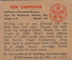 1950 Bowman #115 Ken Carpenter Back