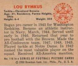 1950 Bowman #116 Lou Rymkus Back