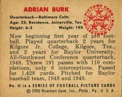 1950 Bowman #41 Adrian Burk Back