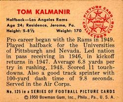 1950 Bowman #125 Tom Kalmanir Back
