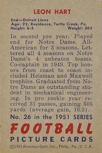 1951 Bowman #26 Leon Hart Back