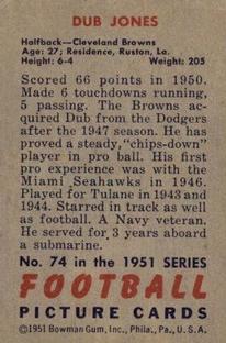 1951 Bowman #74 Dub Jones Back