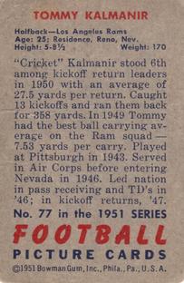 1951 Bowman #77 Tom Kalmanir Back