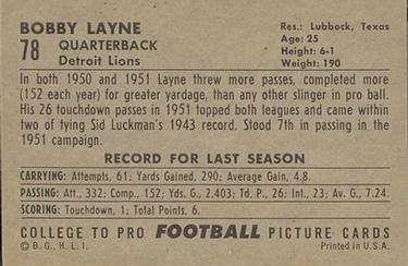 1952 Bowman Large #78 Bobby Layne Back