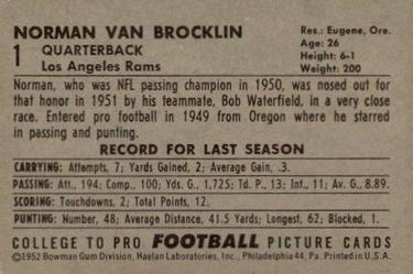 1952 Bowman Large #1 Norman Van Brocklin Back