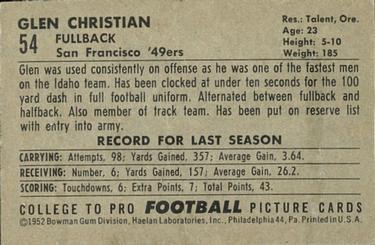 1952 Bowman Large #54 Glen Christian Back