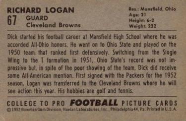 1952 Bowman Large #67 Dick Logan Back