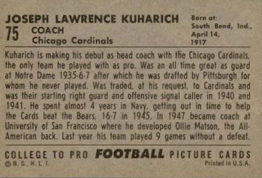 1952 Bowman Large #75 Joseph Kuharich Back
