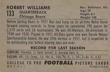 1952 Bowman Large #133 Robert Williams Back