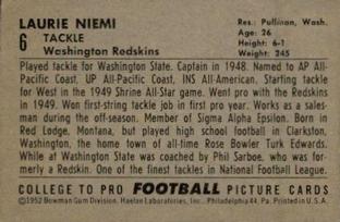 1952 Bowman Small #6 Laurie Niemi Back