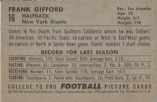 1952 Bowman Small #16 Frank Gifford Back