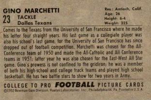 1952 Bowman Small #23 Gino Marchetti Back