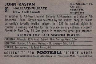 1952 Bowman Small #81 John Kastan Back
