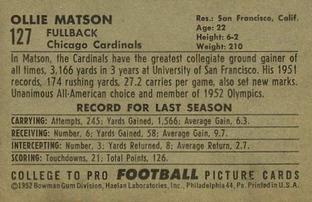 1952 Bowman Small #127 Ollie Matson Back