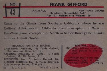 1953 Bowman #43 Frank Gifford Back