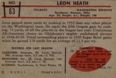 1953 Bowman #63 Leon Heath Back