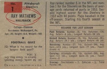 1954 Bowman #1 Ray Mathews Back