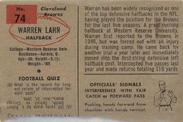 1954 Bowman #74 Warren Lahr Back