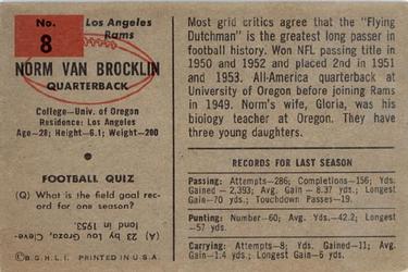 1954 Bowman #8 Norm Van Brocklin Back