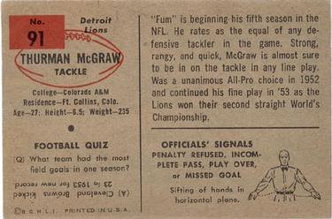 1954 Bowman #91 Thurman McGraw Back