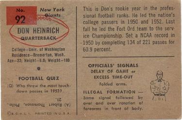 1954 Bowman #92 Don Heinrich Back