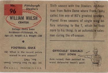 1954 Bowman #96 Bill Walsh Back