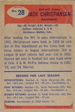 1955 Bowman #28 Jack Christiansen Back