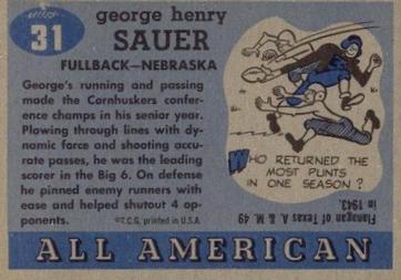 1955 Topps All-American #31 George Sauer Sr. Back