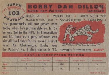 1956 Topps #103 Bobby Dillon Back