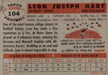 1956 Topps #104 Leon Hart Back