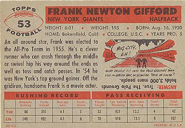 1956 Topps #53 Frank Gifford Back