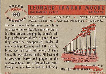 1956 Topps #60 Lenny Moore Back