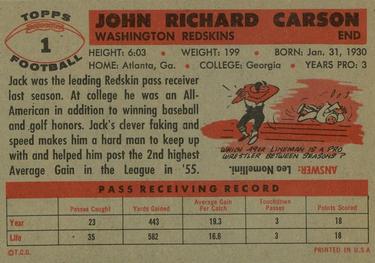 1956 Topps #1 Jack Carson Back