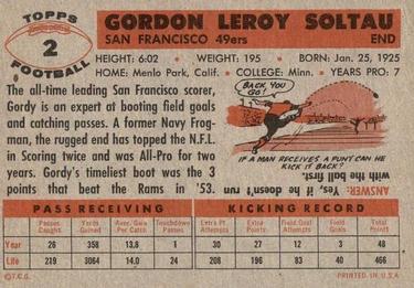 1956 Topps #2 Gordon Soltau Back