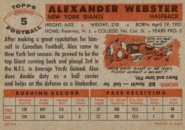 1956 Topps #5 Alex Webster Back