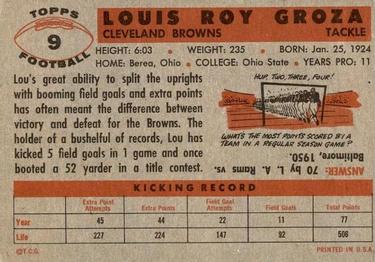 1956 Topps #9 Lou Groza Back