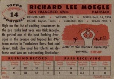 1956 Topps #14 Dick Moegle Back