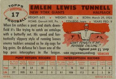 1956 Topps #17 Emlen Tunnell Back