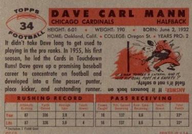 1956 Topps #34 Dave Mann Back