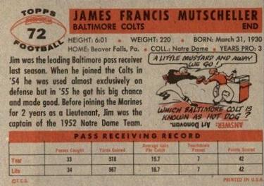 1956 Topps #72 Jim Mutscheller Back