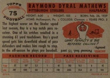 1956 Topps #75 Ray Mathews Back