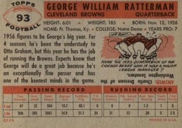 1956 Topps #93 George Ratterman Back