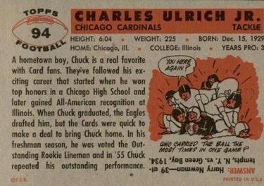 1956 Topps #94 Chuck Ulrich Back