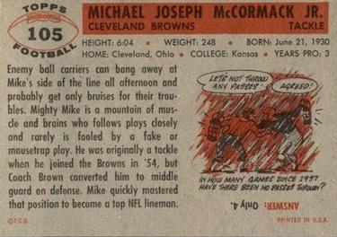 1956 Topps #105 Mike McCormack Back